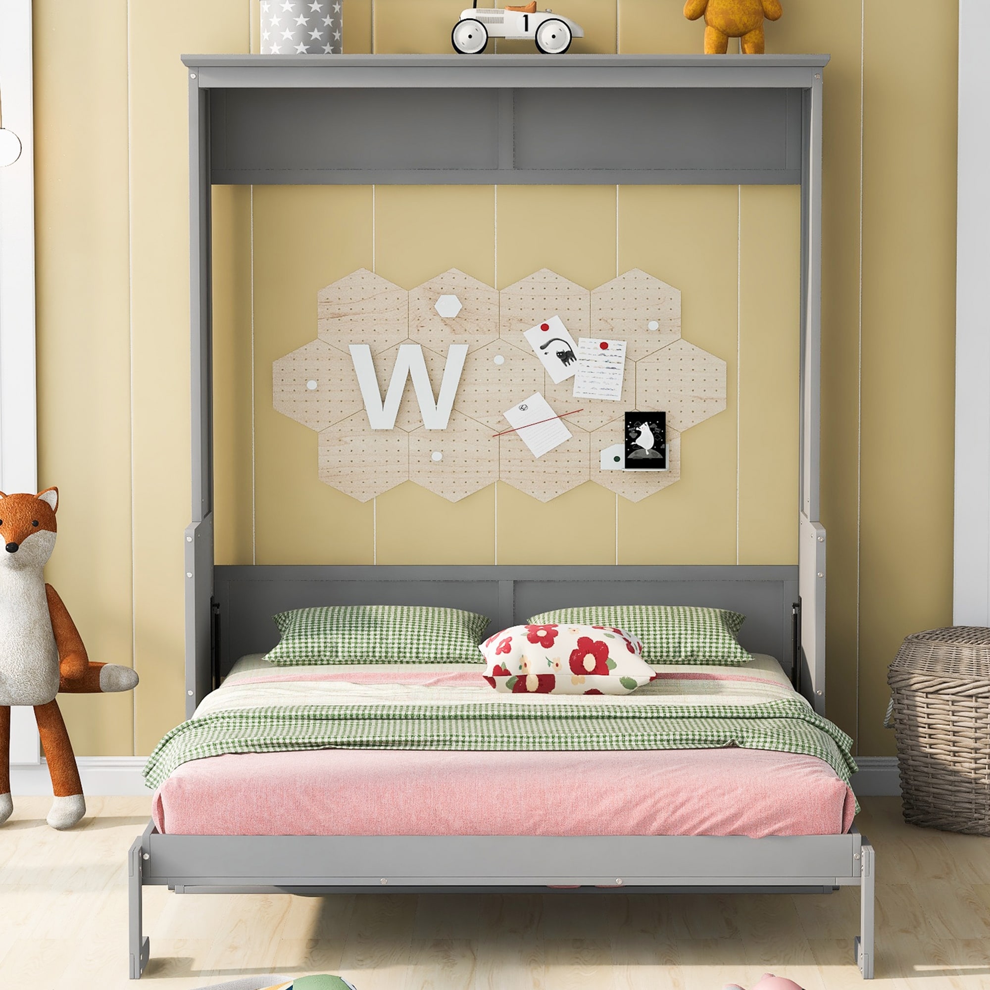Queen Size Murphy Bed with Shelf, Solid Wood Queen Platform Bed Frame, Space-Saving Wall Bed, No Box Spring Needed