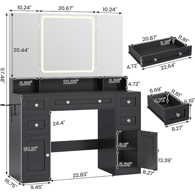 Makeup Vanity Trifold Mirror Charging Station 5 Drawers LED Light Hidden Jewelry Hook