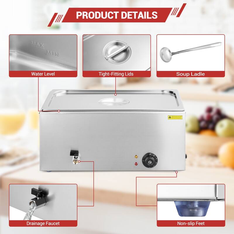 21QT Electric Commercial Food Warmer, Stainless Steel Bain Marie Steam Table Countertop Soup Station for Parties Buffet