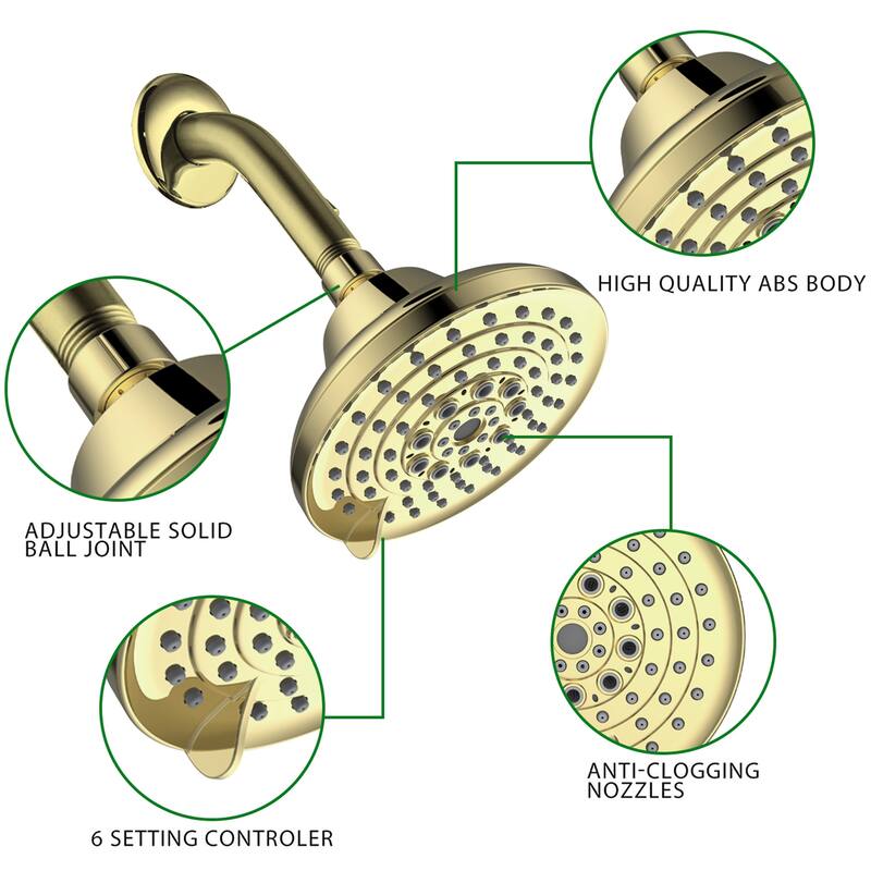 6 Spray Settings 5 Inch Adjustable High Pressure Rainfall Shower Head with Anti-Clogging Nozzles NOT INCLUDED SHOWER ARM