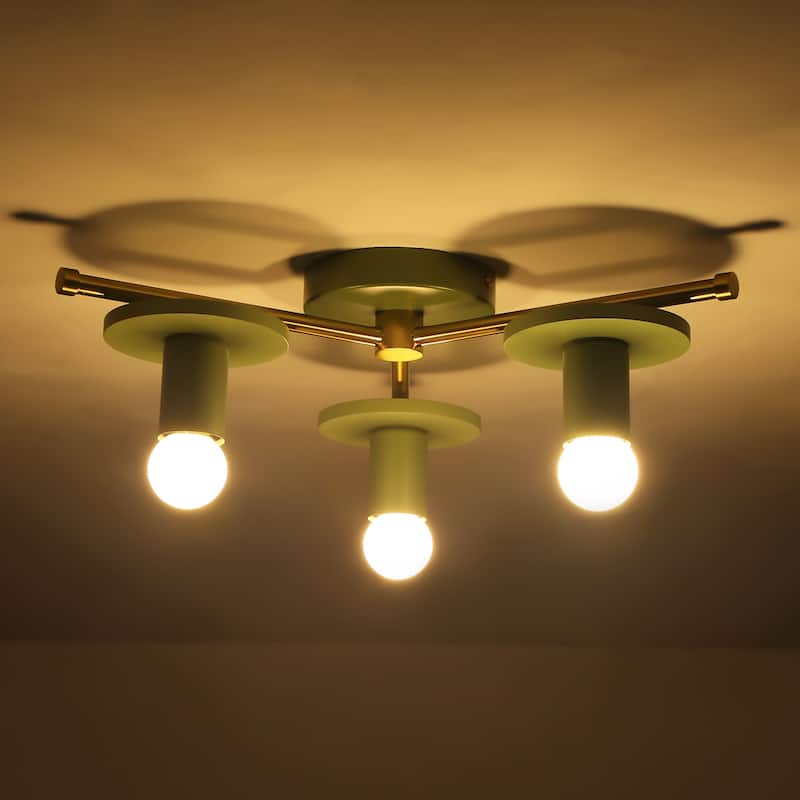 17.5" W 3-Light Modern Green/Black Sputnik Metal Wooden Semi-flush Mount Ceiling Light for Living Room, Bedroom