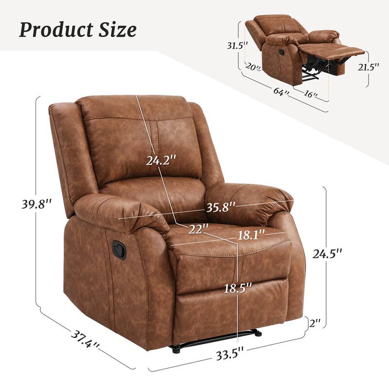 Faux Leather Recliner Sofa, Classic And Traditional Manual Recliner Chair With Comfortable Arms And Single Sofa For Living Room