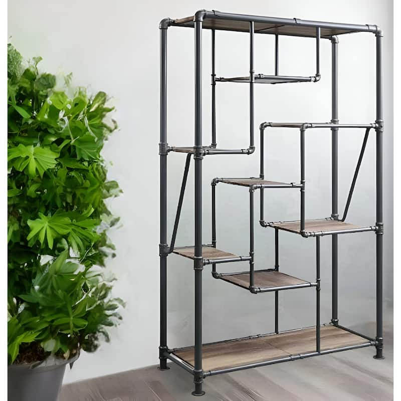 75" Antique Oak And Gray Metal Eight Tier Industrial Bookcase - Gray and Brown