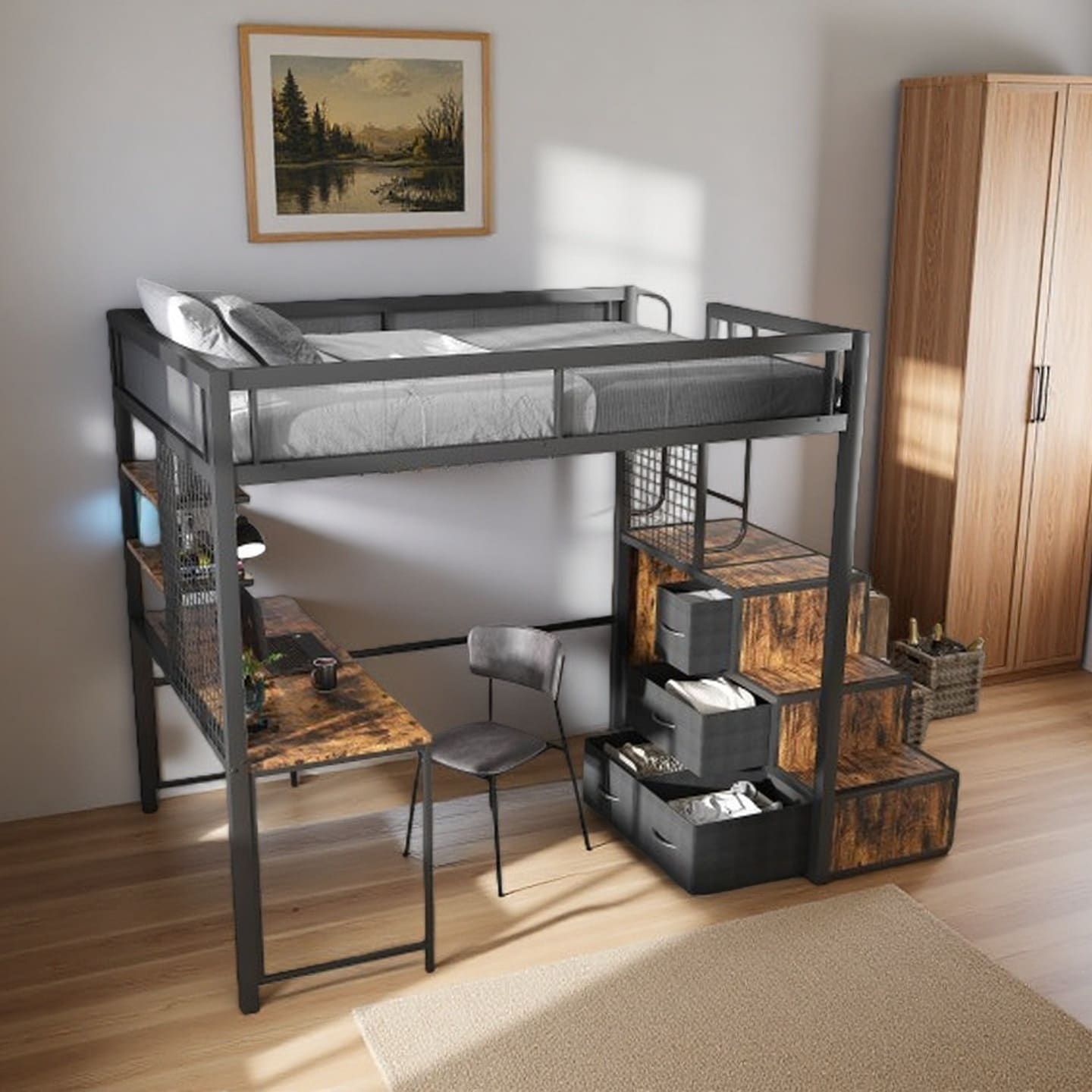 Full-Size Metal Loft Bed with Desk, Staircase Storage, Built-In USB & Power Outlets, 4 Hidden Drawers