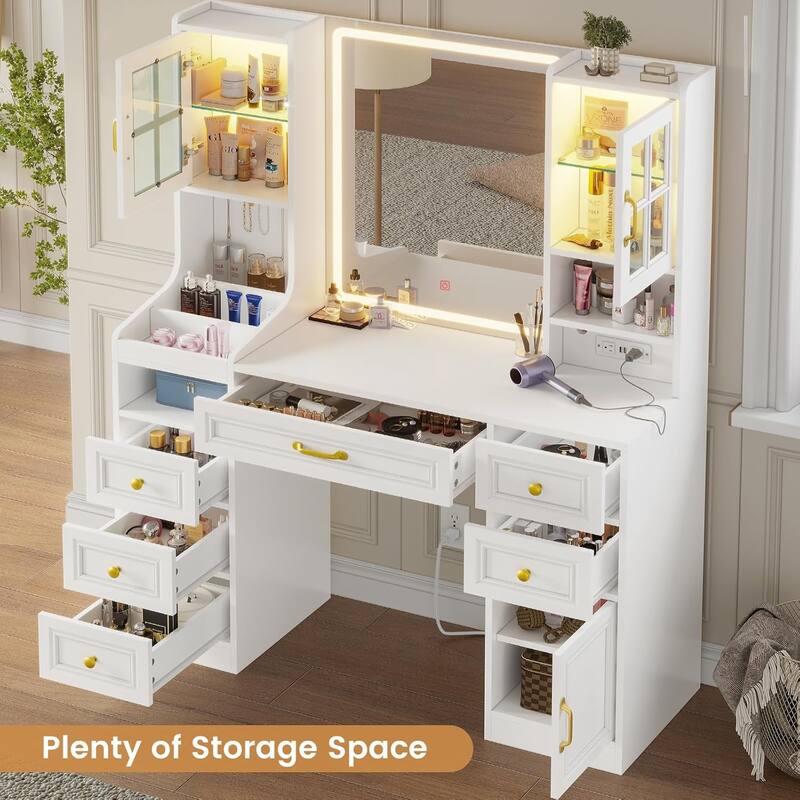 Vanity Desk Touch Screen Mirror Cabinets 6 Drawers 5 Jewelry Hooks