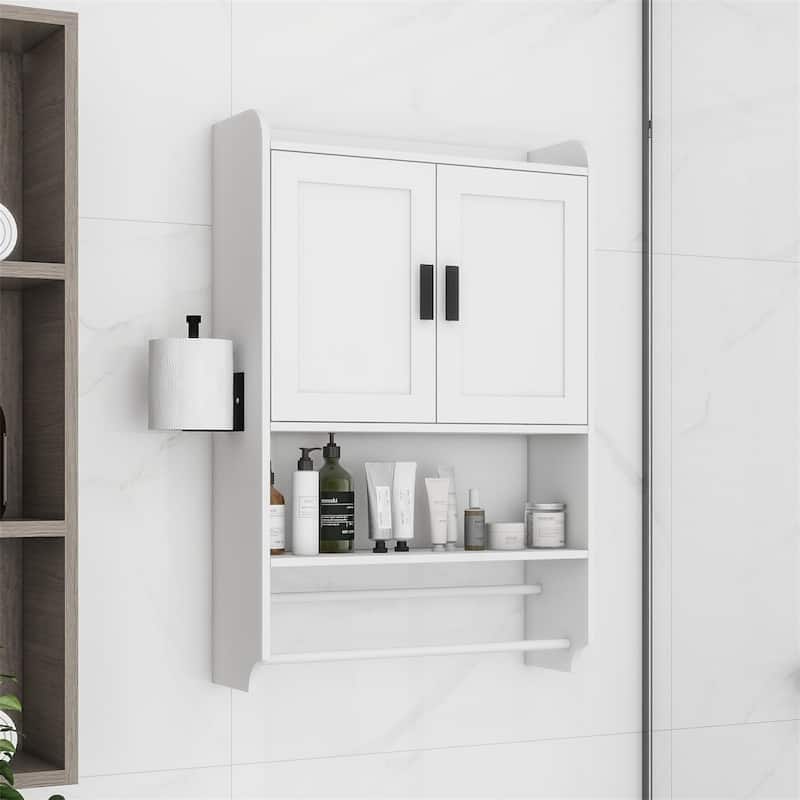 Bathroom Wall Cabinet with Doors, Shelf, Towel Bar and Paper Holder