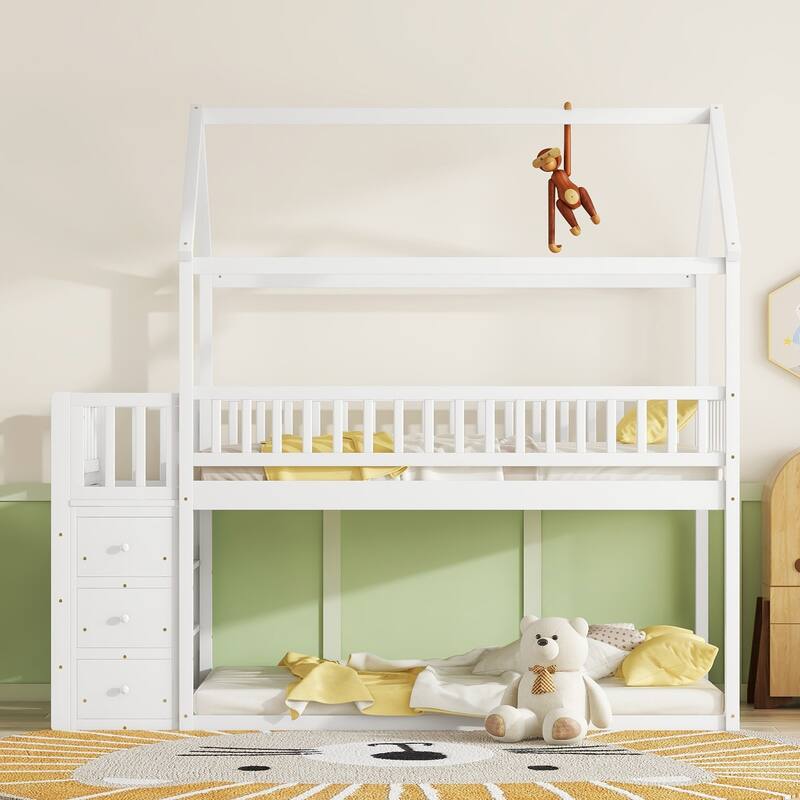 White Twin House Bunk Bed with Shelves, Drawers & Playhouse Roof Design