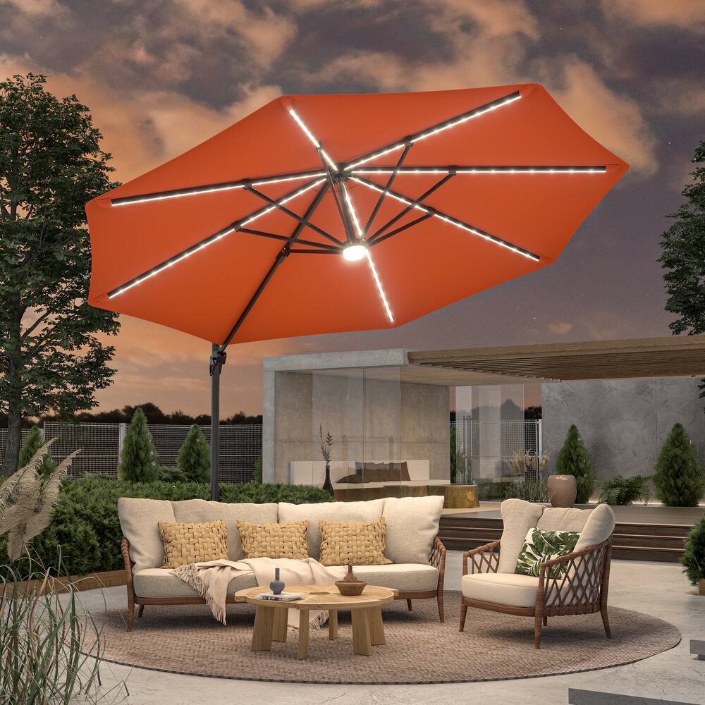 BONOSUKI 11FT LED Cantilever Patio Umbrella Angle Adjustment w/Cross Base