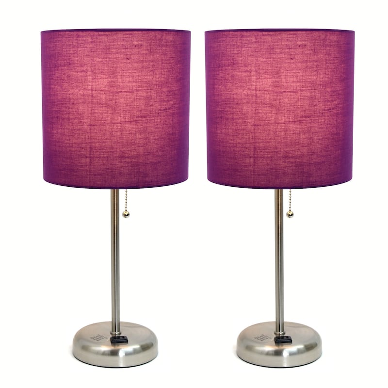 19.5 in. Brushed Steel Finish Table Lamp with Purple Shade, Durable Stick Lamp for End/Side Tables, Set of 2