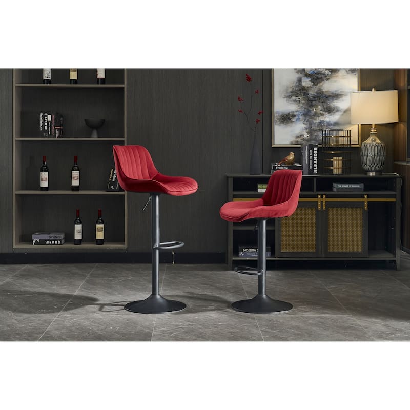 Set of 2 Adjustable Swivel Bar Stools, Red Velvet with Chrome Footrest & Blackened Legs