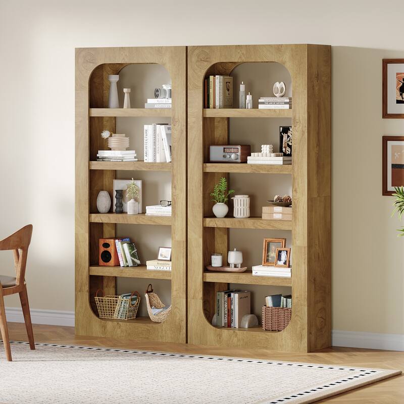 70.9-Inch Tall Bookcase 5-Tier Modern Wood Bookshelf for Living Room - Brown-2PCS