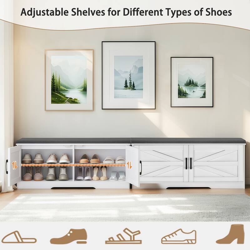 2-Tier Storage Shoe Bench with Padded Seat Cushion,Bench with 2 Barn Doors & 2 Adjustable Shelves,13.75"Dx39.4"Wx17.72"H