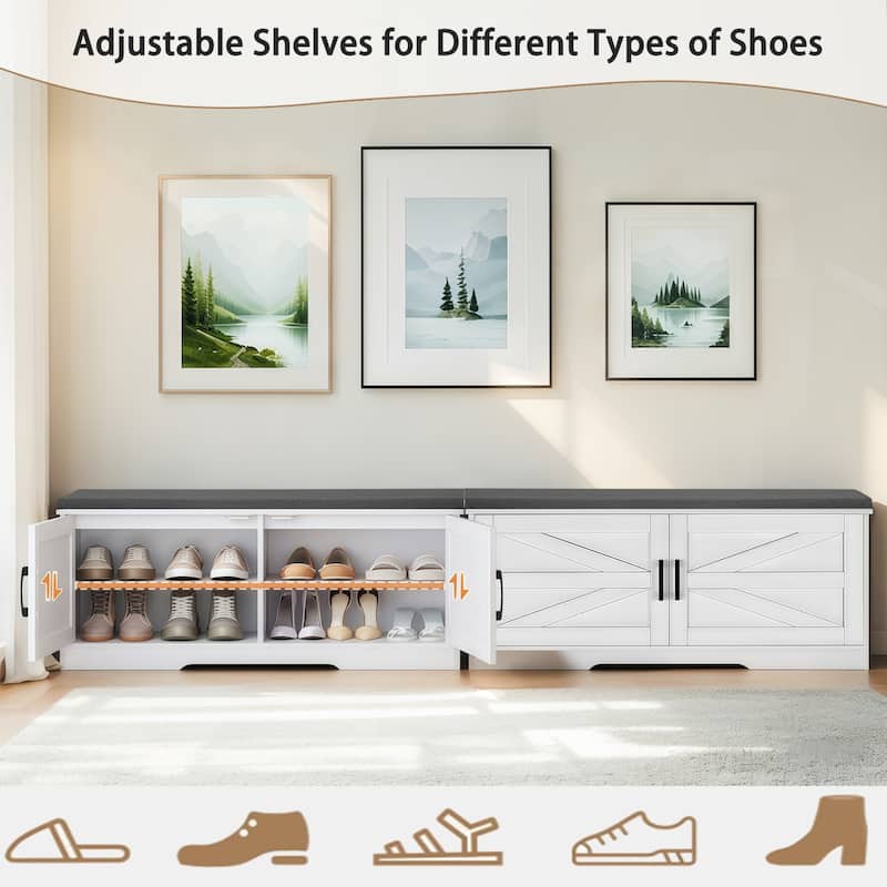 Farmhouse Shoe Storage Bench, 2 Tier Shoe Bench with Padded Seat Cushion & 2 Barn Doors& 2 Adjustable Shelves