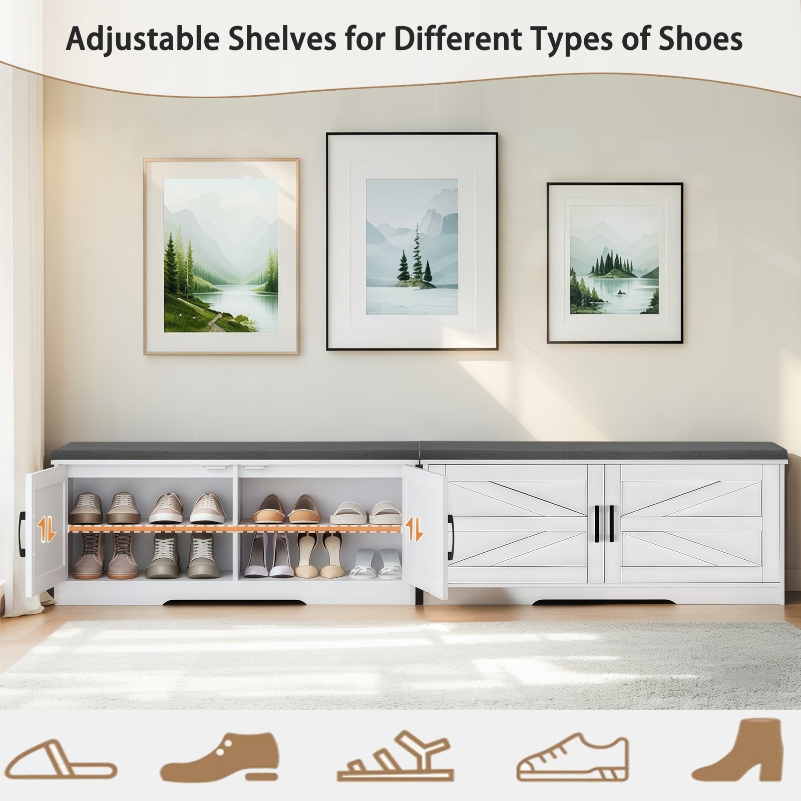 Shoe Bench with Padded Seat, Freestanding 2-Tier Entryway Bench, Storage Bench with 2 Barn Doors & 2 Adjustable Shelves