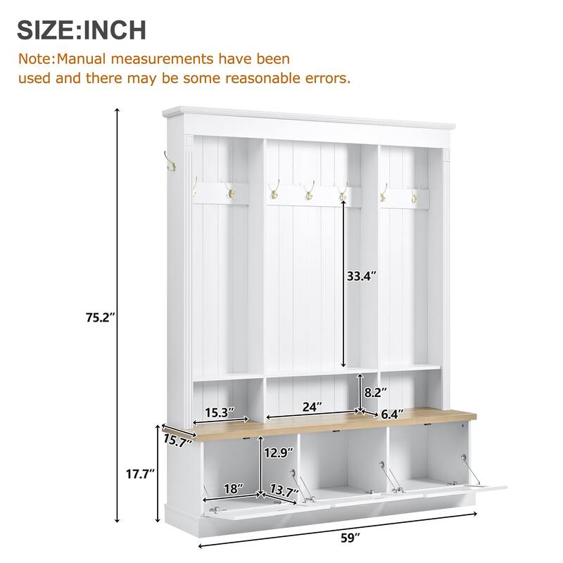 Hall Tree Hallway Storage Bench with Shoe Cubbies and Coat Rack with Hooks