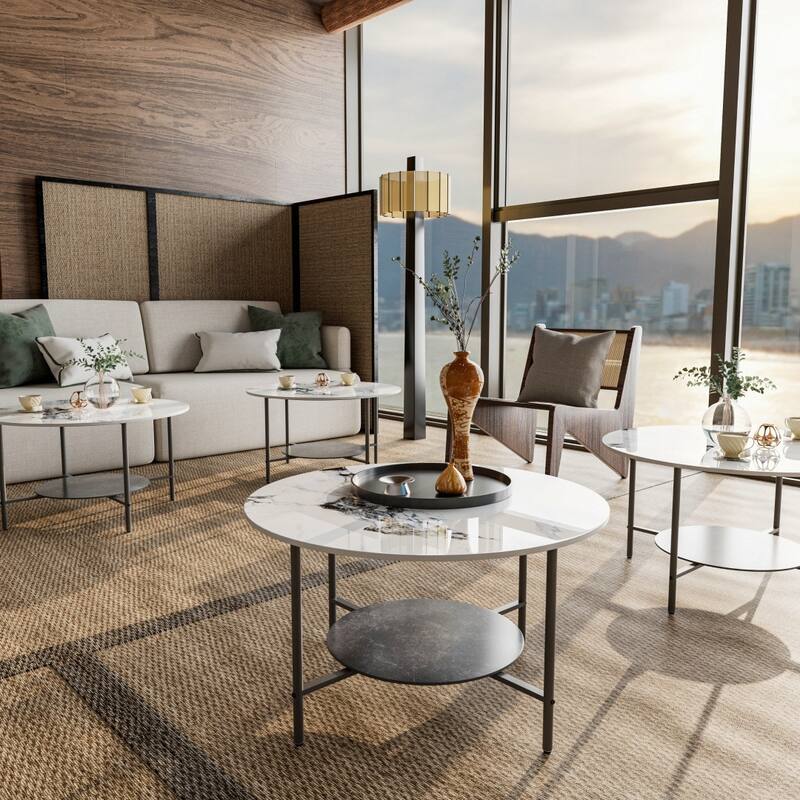 Round Coffee Table 31.5" Coffee Tables for Living Room High Glossy Faux Marble Cocktail Table with Storage Open Shelf