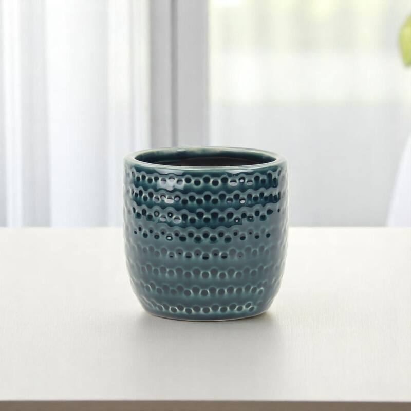 HomeRoots Teal Blue Ceramic 17 Ounce Dotted Round Distressed Pot Planter - 4.25 in. x 4.25 in. x 4.25 in. - Teal Blue - 4.25 in. x 4.25 in.  x 4.25 in.