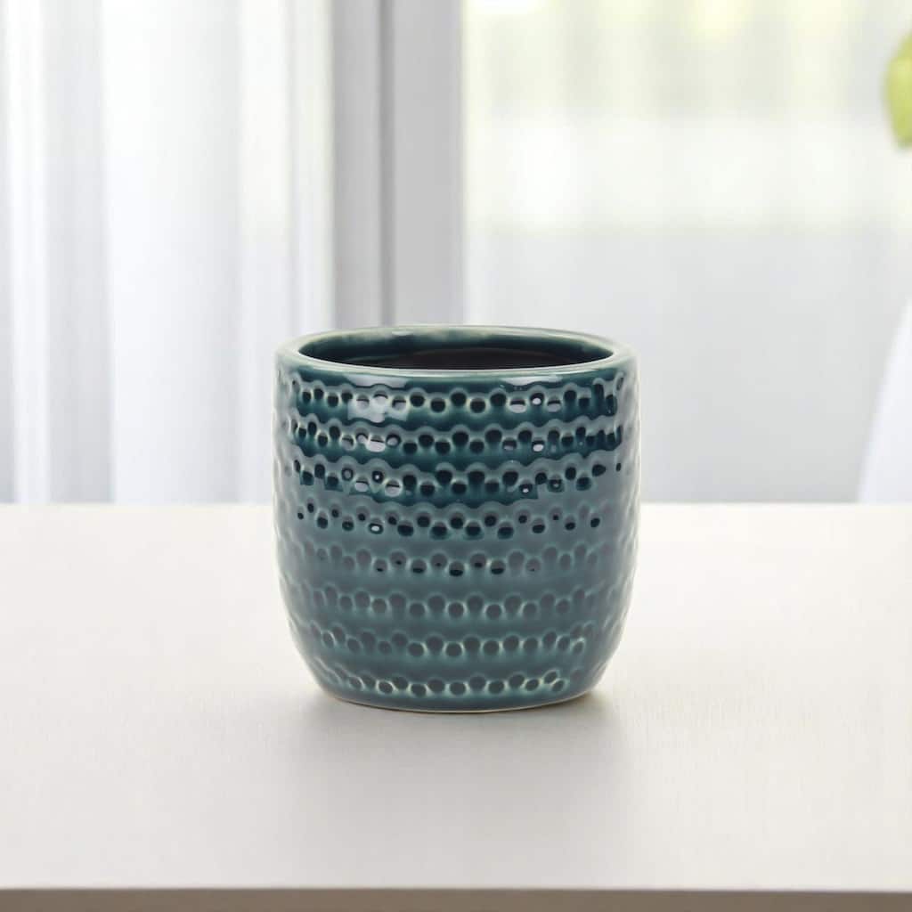 HomeRoots Teal Blue Ceramic 17 Ounce Dotted Round Distressed Pot Planter - 4.25 in. x 4.25 in. x 4.25 in.