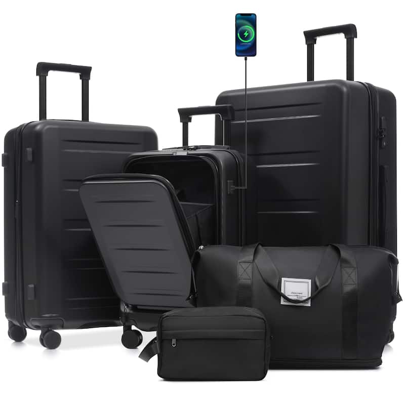 Luggage Sets 5 Piece with Front Opening, Hardside Expandable Carry On Suitcase Set with Double Spinner Wheel with USB Port - Black