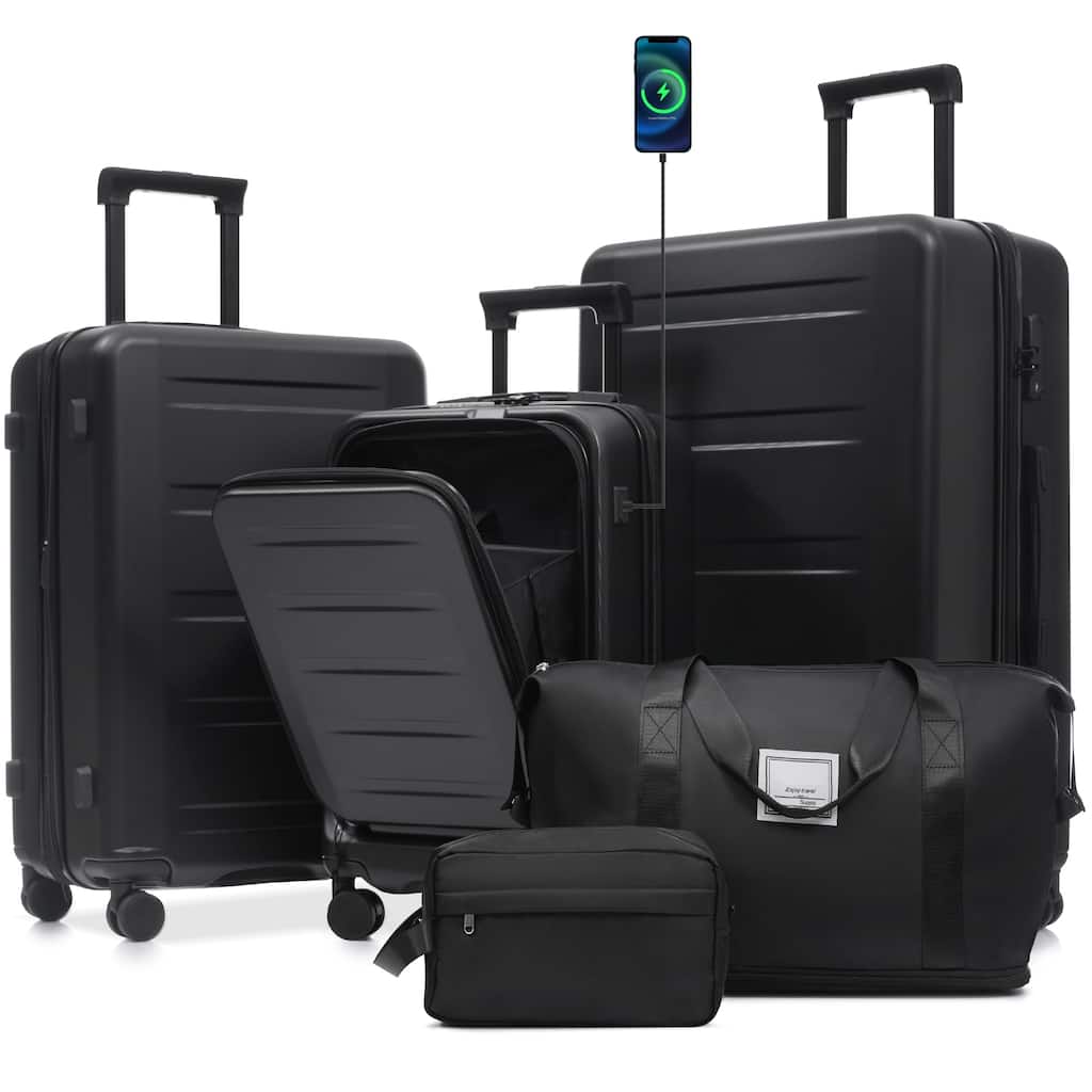 Luggage Sets 5 Piece with Front Opening, Hardside Expandable Carry On Suitcase Set with Double Spinner Wheel with USB Port