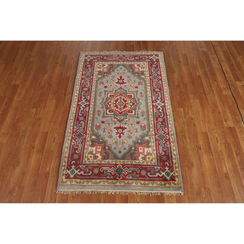 Hand Knotted Oriental 100% Wool Carpet Traditional Medallion Greys & Charcoal Heriz (serapi) Area Rug - 4' 10'' X 3' 0''