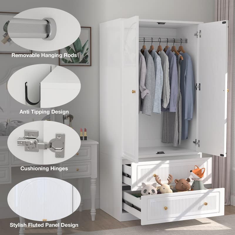 Gymojoy 71" Wardrobe Closet with 2 Doors & 2 Drawers, Modern White Wooden Armoire with Hanging Rod & Gold Handles