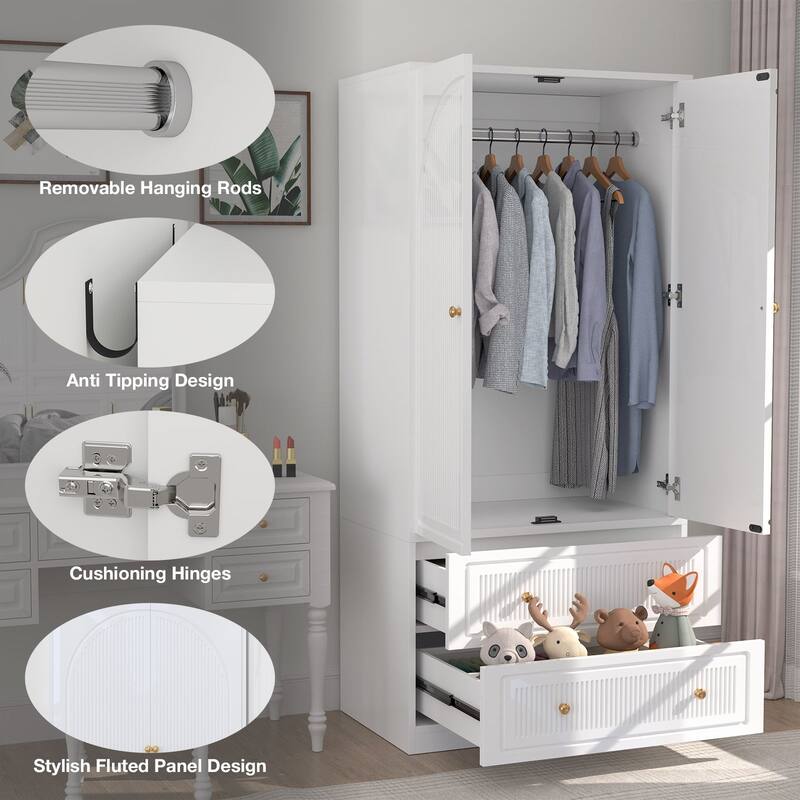 Meyreso 71" White Bedroom Wooden Armoire with Hanging Rod - N/A