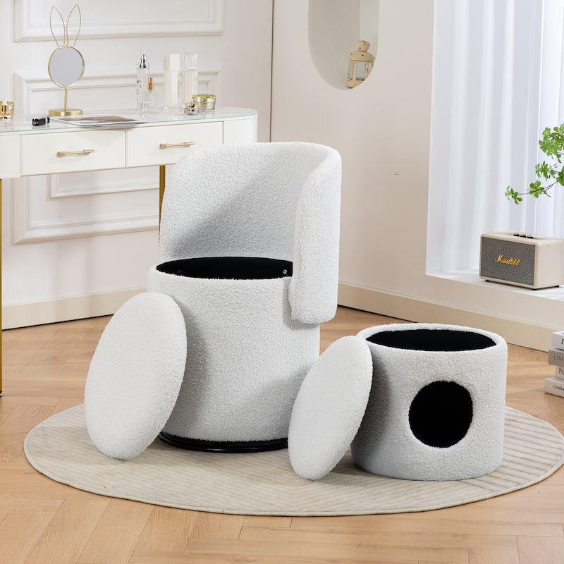 Stylish Upholstered Barrel Chair: 360°Swivel Vanity Stool for Bedroom & Dining Chair, Built-in Storage, Soft Padded Accent Seat