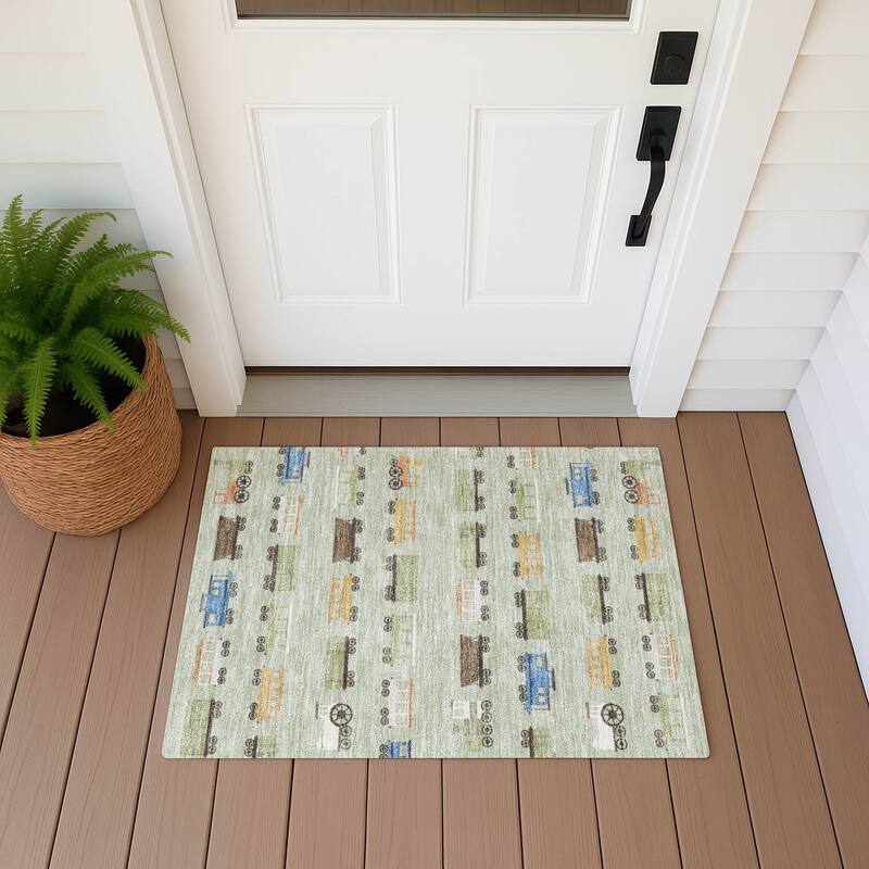 Machine Washable Indoor/ Outdoor Modern Train Chantille Rug - Celery - 1'8" x 2'6"