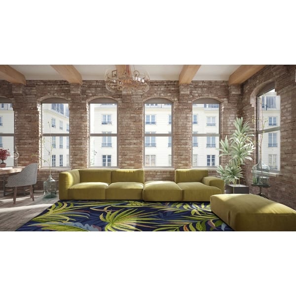 5' X 7' Ink Blue Tropical Leaves Uv Treated Indoor Outdoor Area Rug