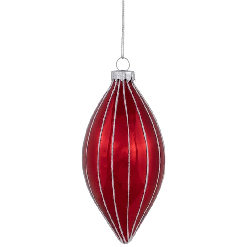 5" Shiny Red White Glittered Striped Glass Finial Christmas Ornament