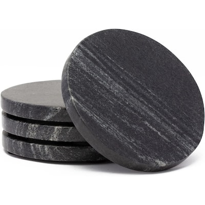 4 Pack Natural Black Marble Round Coasters 4" Diameter Elegant Heat Tolerant