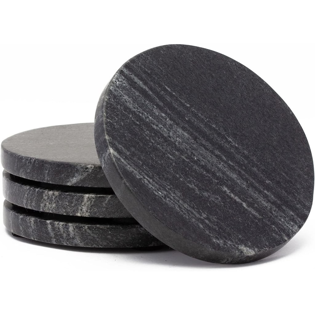 4 Pack Natural Black Marble Round Coasters 4" Diameter Elegant Heat Tolerant