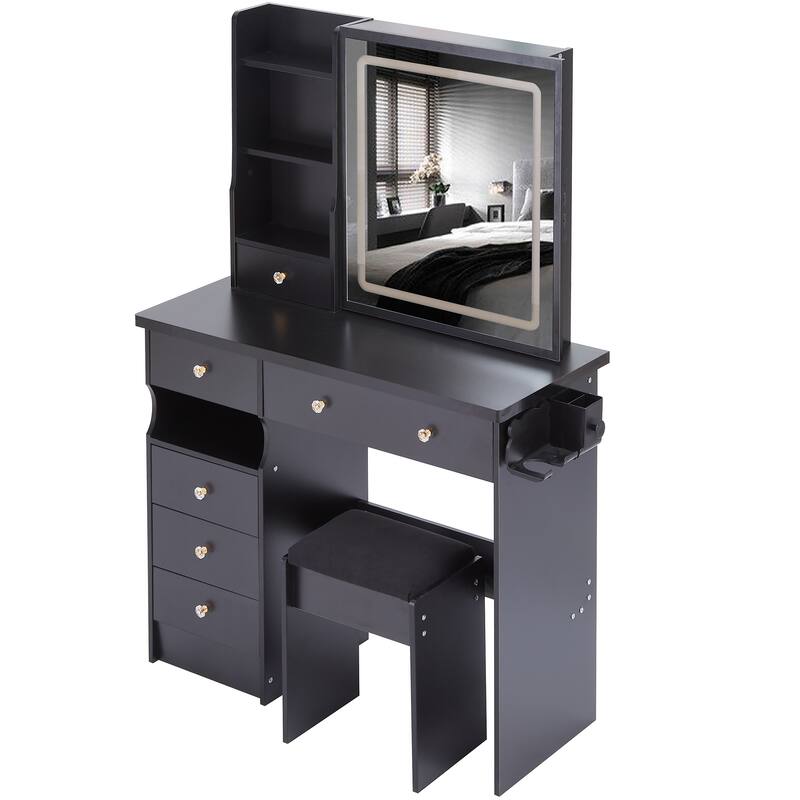 37" Middle Size Left Drawer Desktop Vanity Table + Cushioned Stool Dresser Set, Large Touch Control LED Sliding Mirror