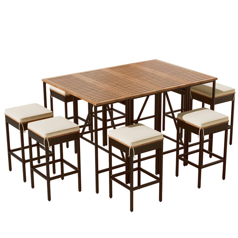 10 Pcs Outdoor Acacia Wood Dining Table Set, All-Weather Patio Furniture Set with 8 Stools and 2 Table with Foldable Tabletop