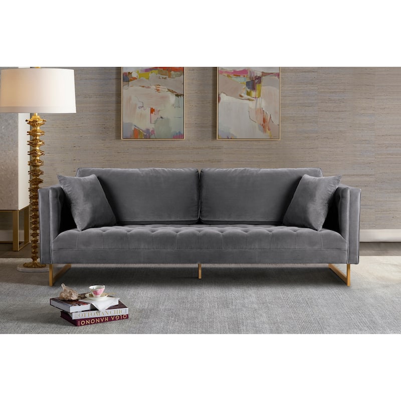 Lenox Velvet 90" 3-Seater Sofa with Brass Legs - Grey
