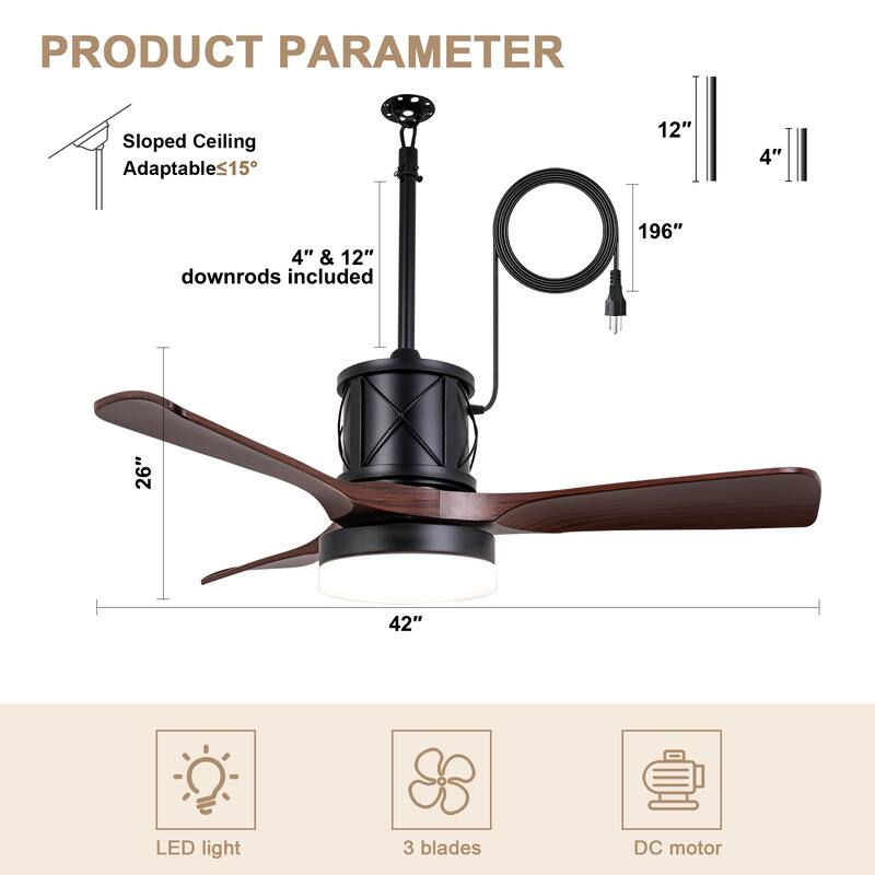 Bella Depot 42" Black Outdoor Ceiling Fan with Dimmable Light and Remote 6-Speed for Patio Courtyard