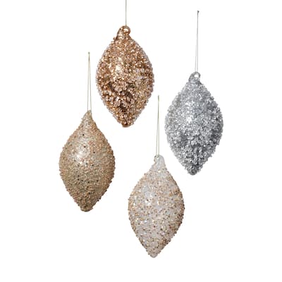 Beaded Tear Drop Glass Ornaments, 12 Hanging Pieces (3 Sets of 4 Assorted)