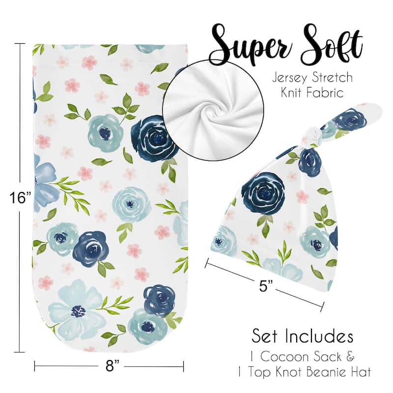 Watercolor Floral Collection Girl Baby Cocoon and Beanie Hat Sleep Sack - 2pc Set - Navy Blue Pink Boho Shabby Chic Rose Flower
