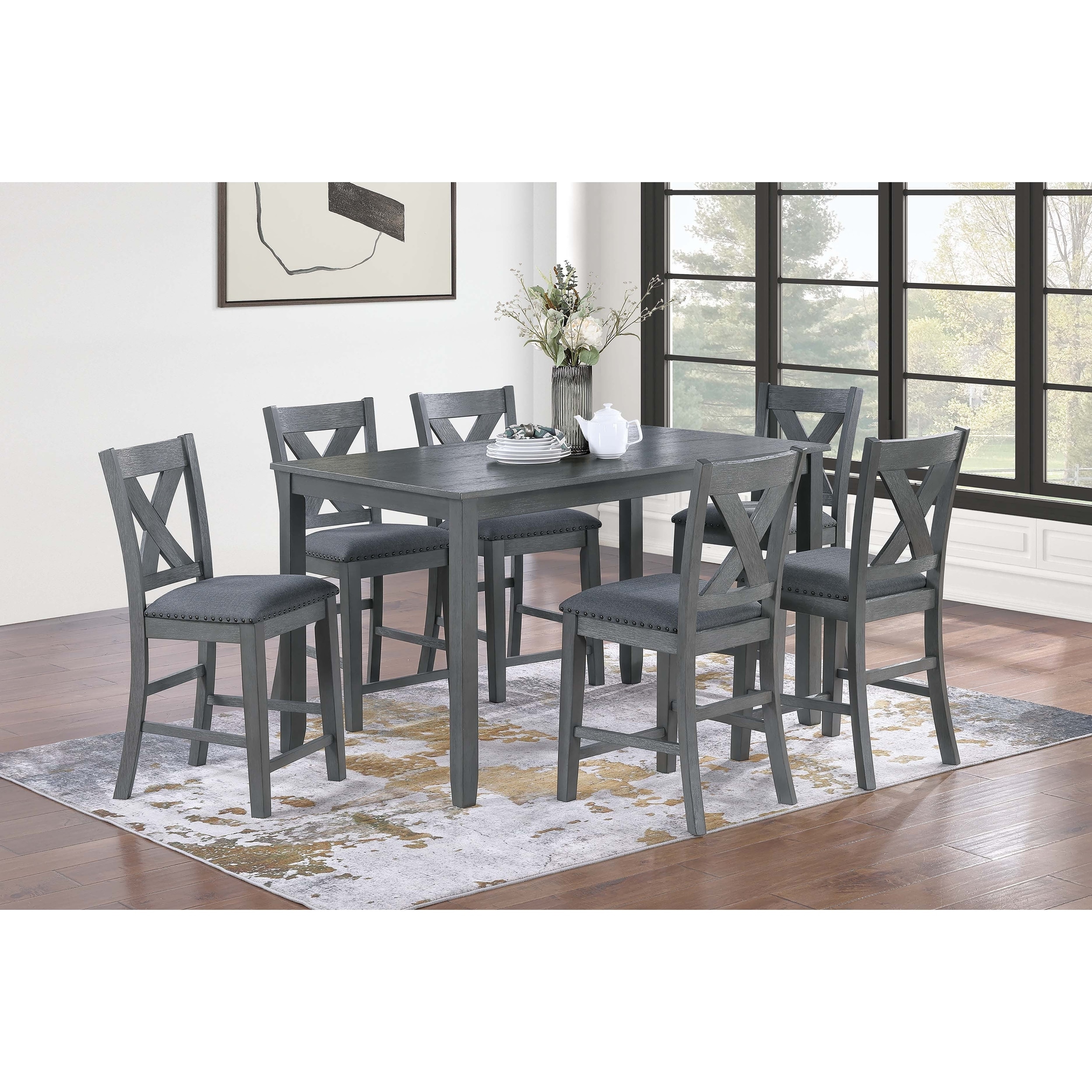 7pc Counter Height Dining Table Set Gray Finish X-Cross Back