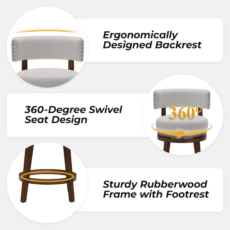 360-Degree Swivel Counter Height Bar Stool with Backrest Rubberwood Frame