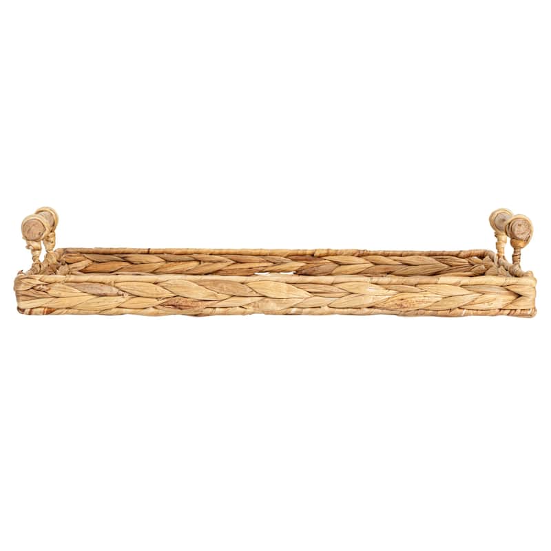 Household Essentials Handwoven Water Hyacinth Tray Set with Wood Handles, Set of 2