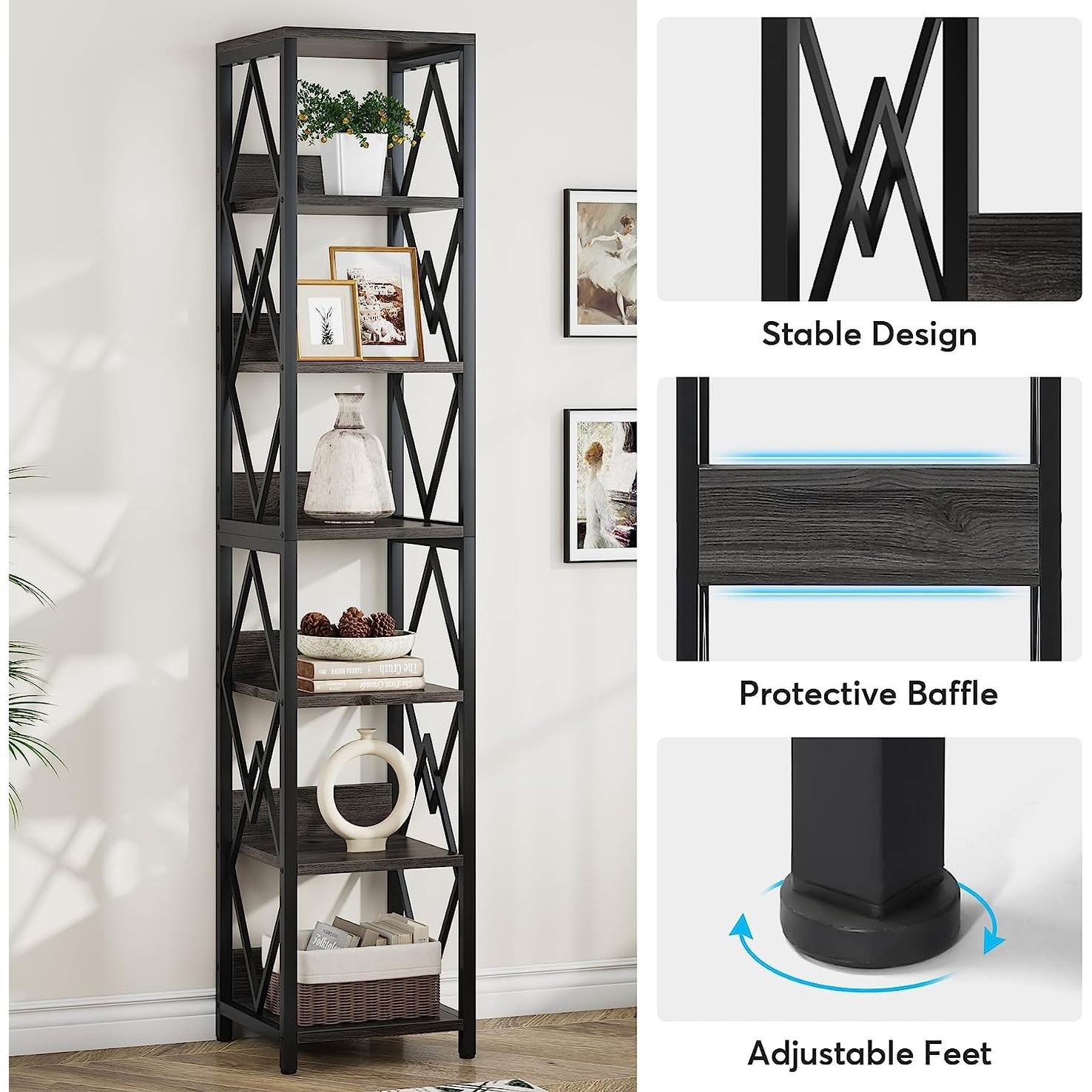 75 Inches Tall Narrow Bookcase with Heavy Duty Metal Frame Bed