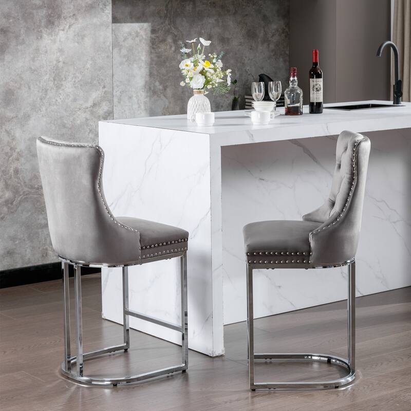 Counter Height Bar Stools Set of 2, High Back Bar Chair with Rivet Trim, Kitchen Island Chairs with Button Back and Metal Base