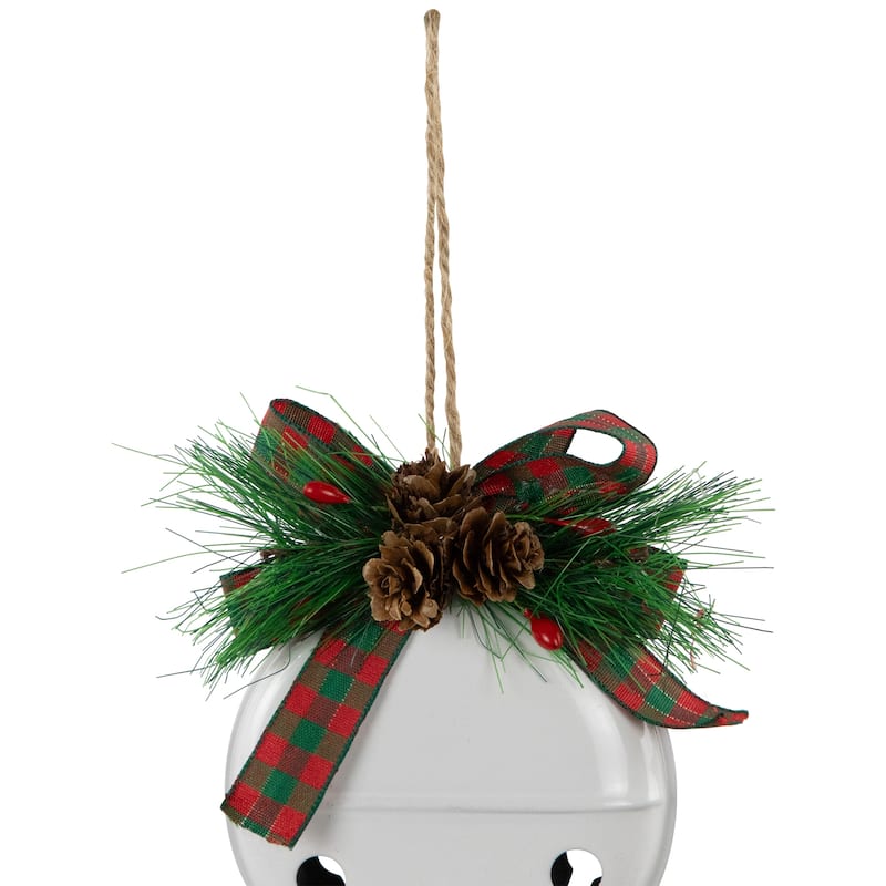 Jingle Bells with Pinecone Bows Disc Christmas Ornaments - 5" - White - Set of 2