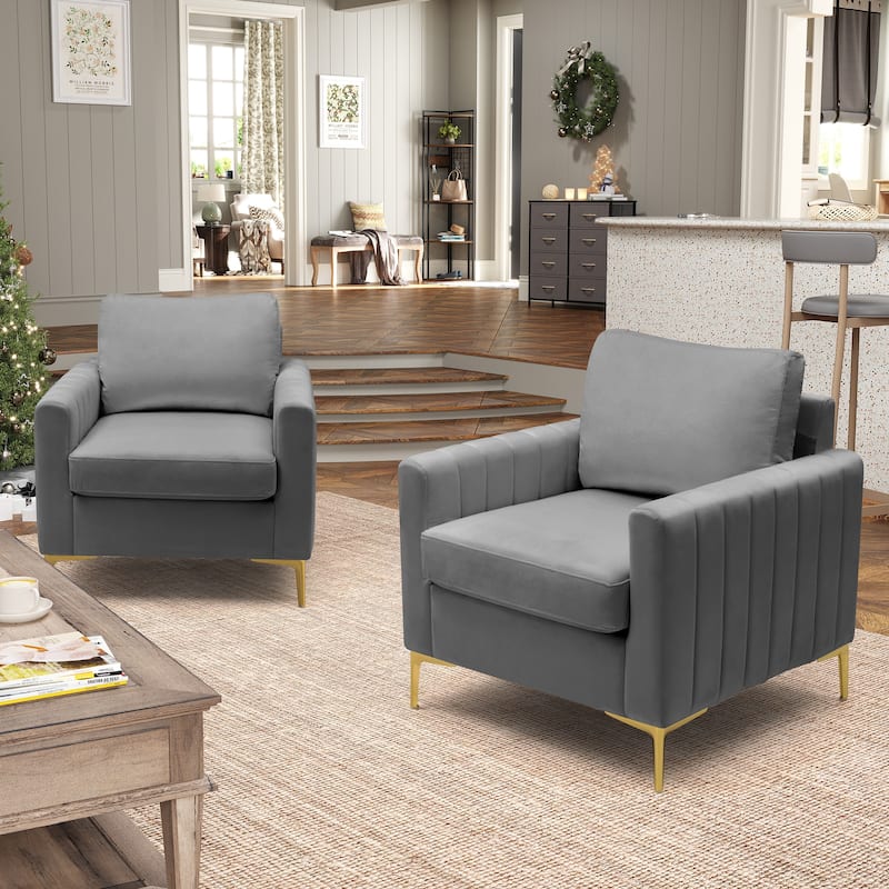 Upholstered Club Chair Accent Chair Velvet Arm Chair Comfortable Sofa Chair - See picture - 2-piece set, Gray