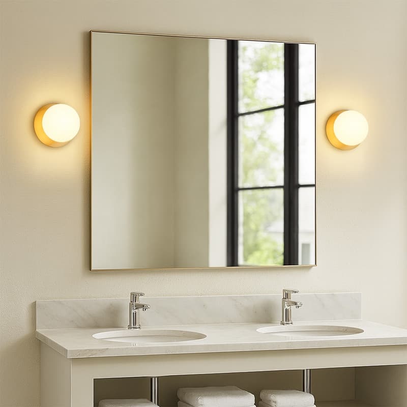 1-Light Damp Rated Brass Wall Sconce with White Glass Shade - 7 in.