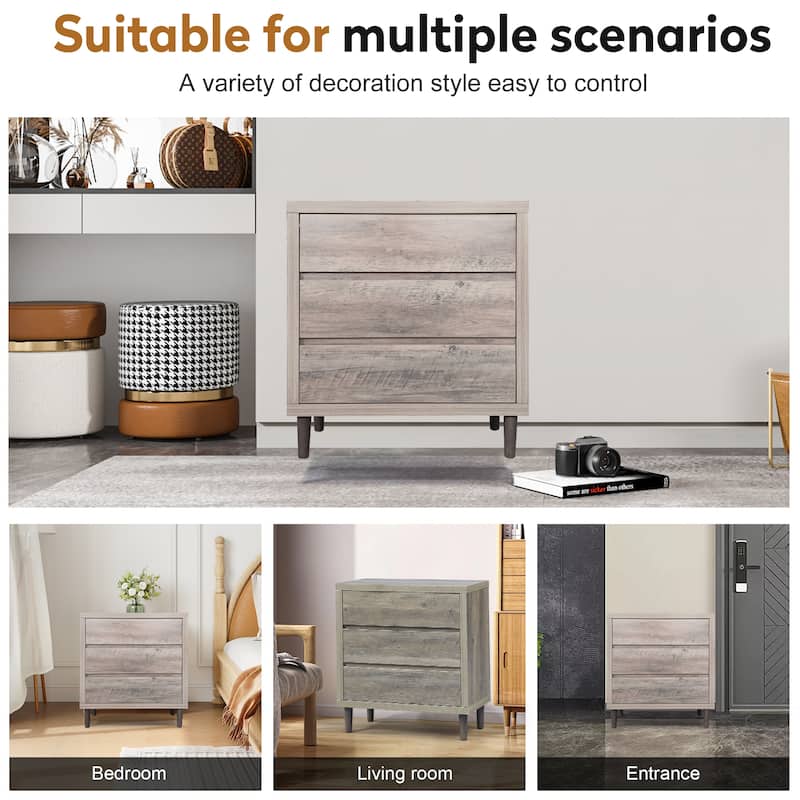 Dresser with 3 Drawers - Wooden Chest of Drawer for Bedroom, Tall Nightstand Side Table, Grey Oak Storage Drawer Cabinet