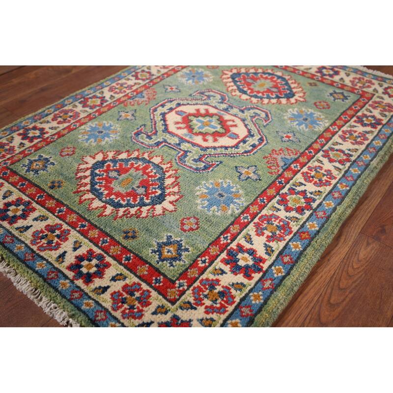 Green Geometric Kazak Oriental Foyer Rug Handmade Wool Carpet - 2'1" x 2'11"