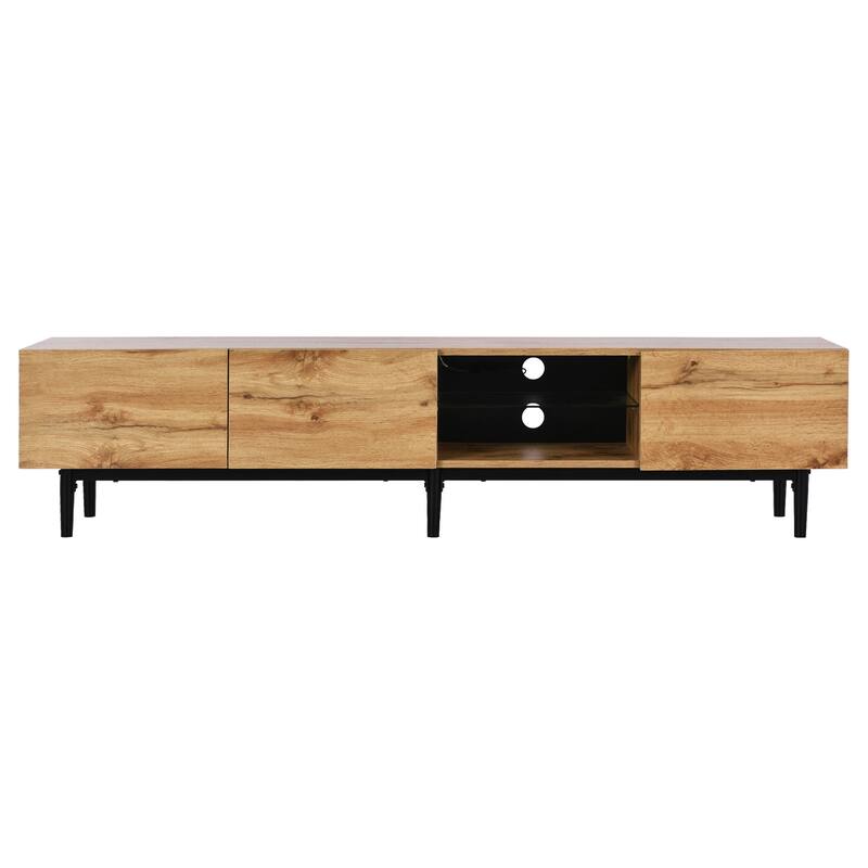 LED Light TV Stand for 80" TVs, Modern Entertainment Center with 4 Cabinets & Open Shelves, Drop Down Door